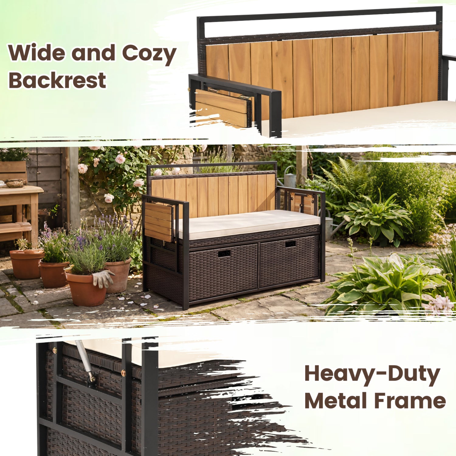 Outdoor Storage Bench with 2 Side Tables and 2-Seater Bench Seat