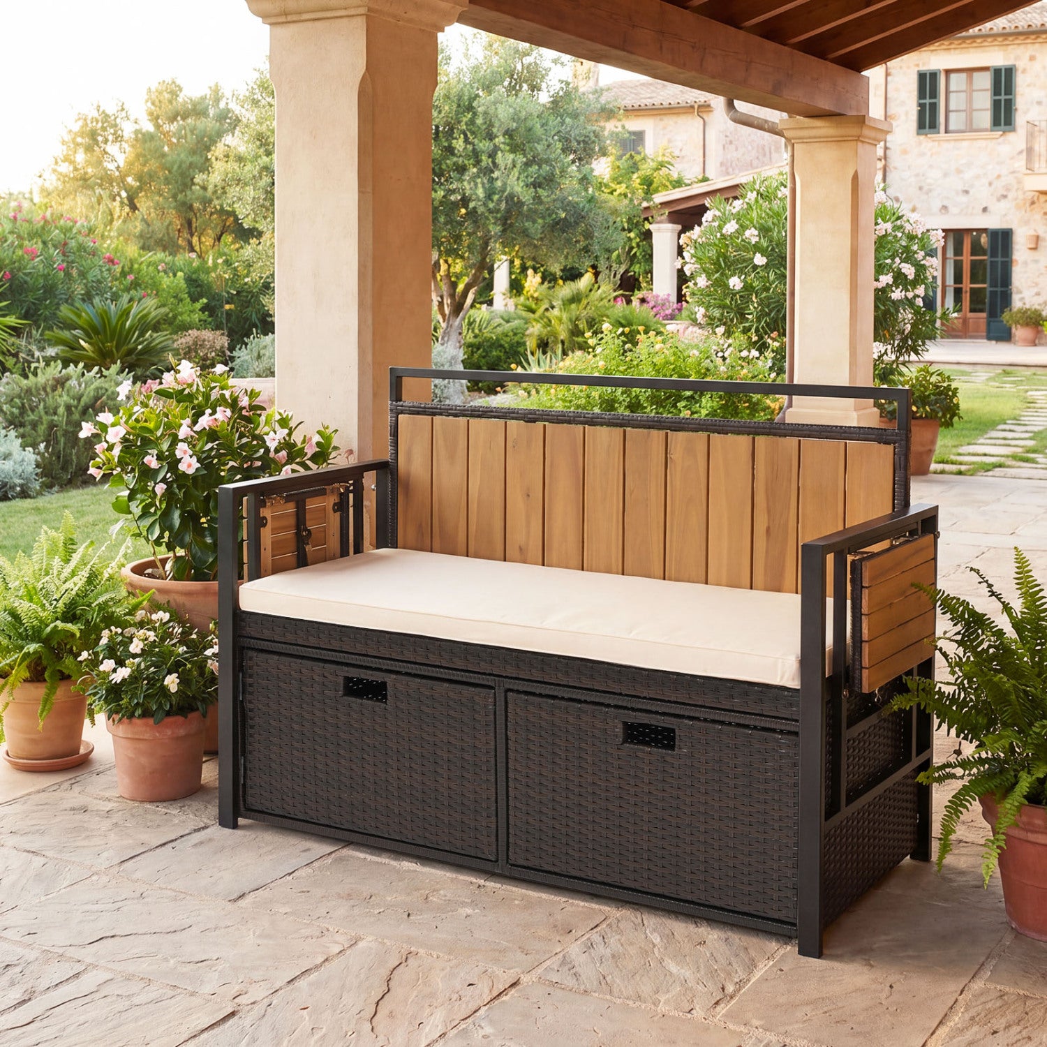 Outdoor Storage Bench with 2 Side Tables and 2-Seater Bench Seat