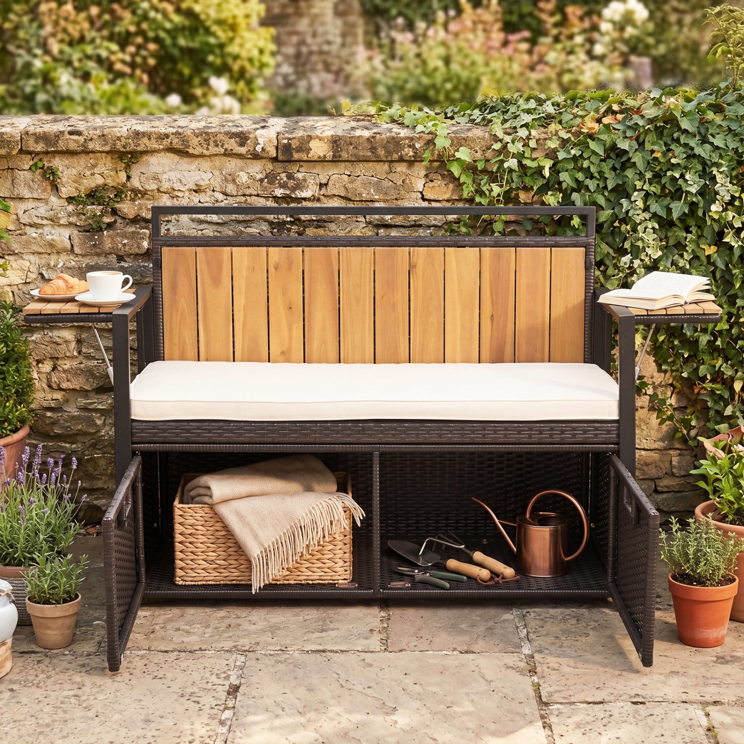 Outdoor Storage Bench with 2 Side Tables and 2-Seater Bench Seat