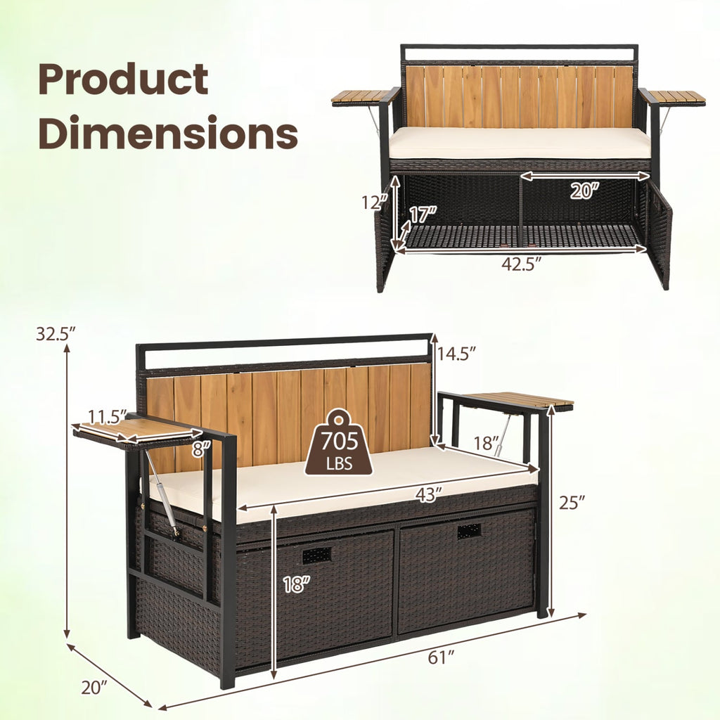 Outdoor Storage Bench with 2 Side Tables and 2-Seater Bench Seat