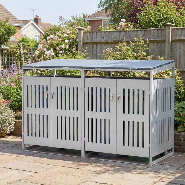 Outdoor Trash Can Storage Shed for 2 Bins with Gas Struts-Silver