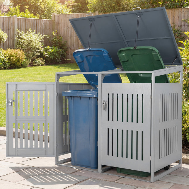 Outdoor Trash Can Storage Shed for 2 Bins with Gas Struts-Silver