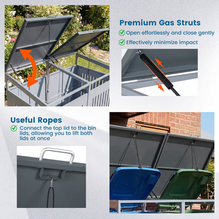 Outdoor Trash Can Storage Shed for 2 Bins with Gas Struts-Silver