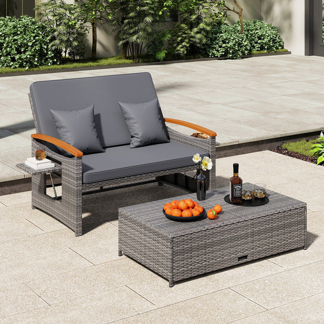Outdoor Wicker Daybed with Folding Panels and Storage Ottoman-Mix Gray