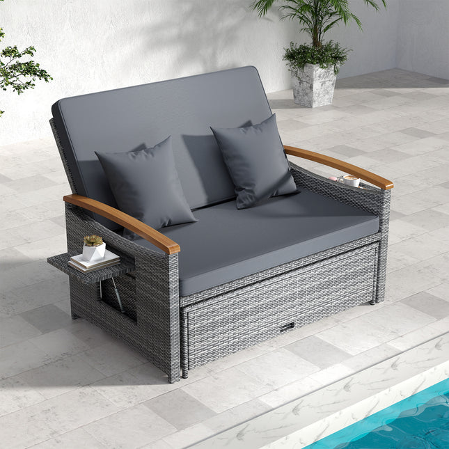 Outdoor Wicker Daybed with Folding Panels and Storage Ottoman-Mix Gray