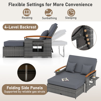 Outdoor Wicker Daybed with Folding Panels and Storage Ottoman-Mix Gray