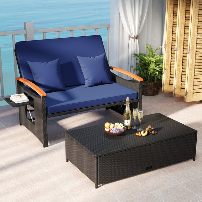 Outdoor Wicker Daybed with Folding Panels and Storage Ottoman-Dark Blue