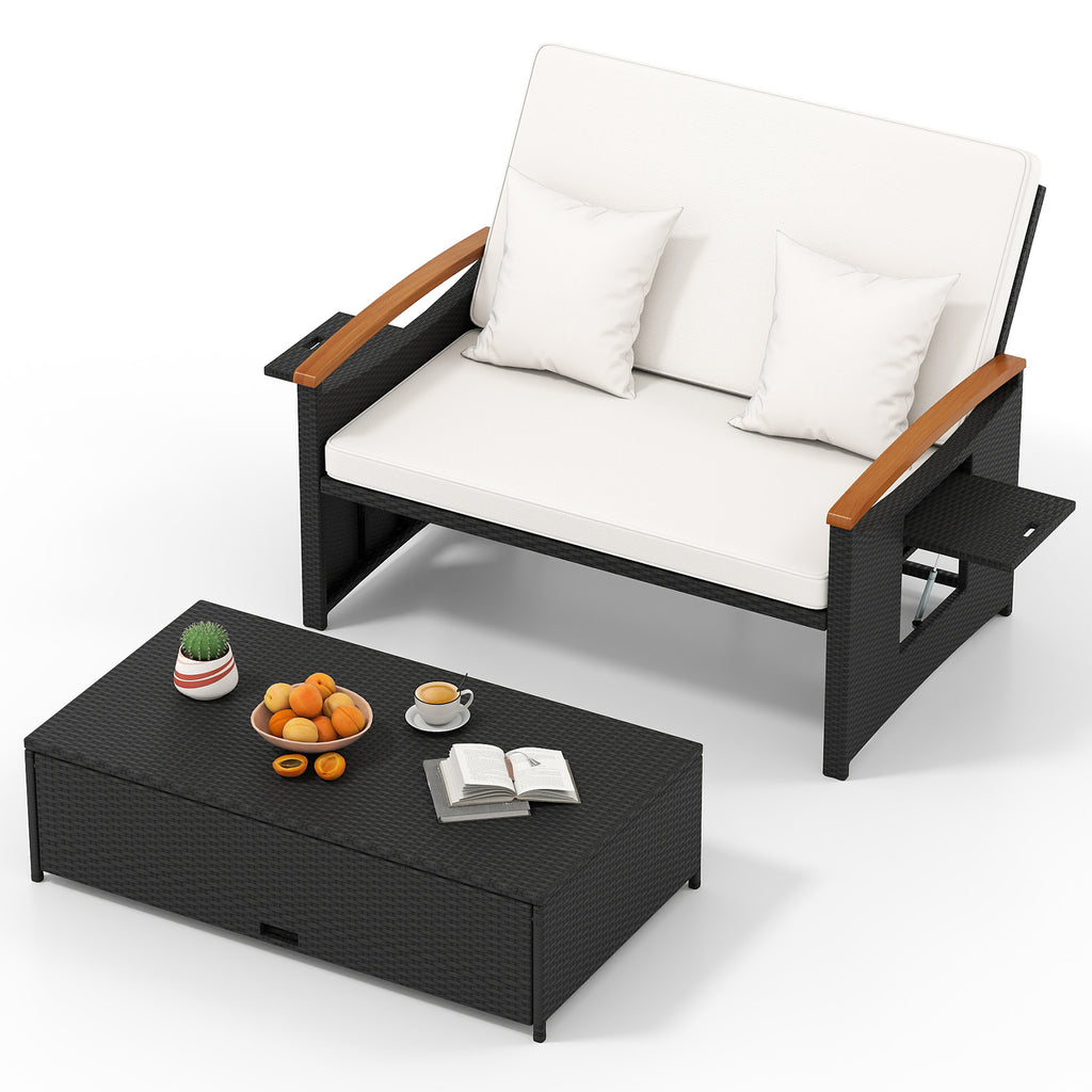 Bain de soleil en osier tressé avec panneaux pliants et pouf de rangement - Blanc