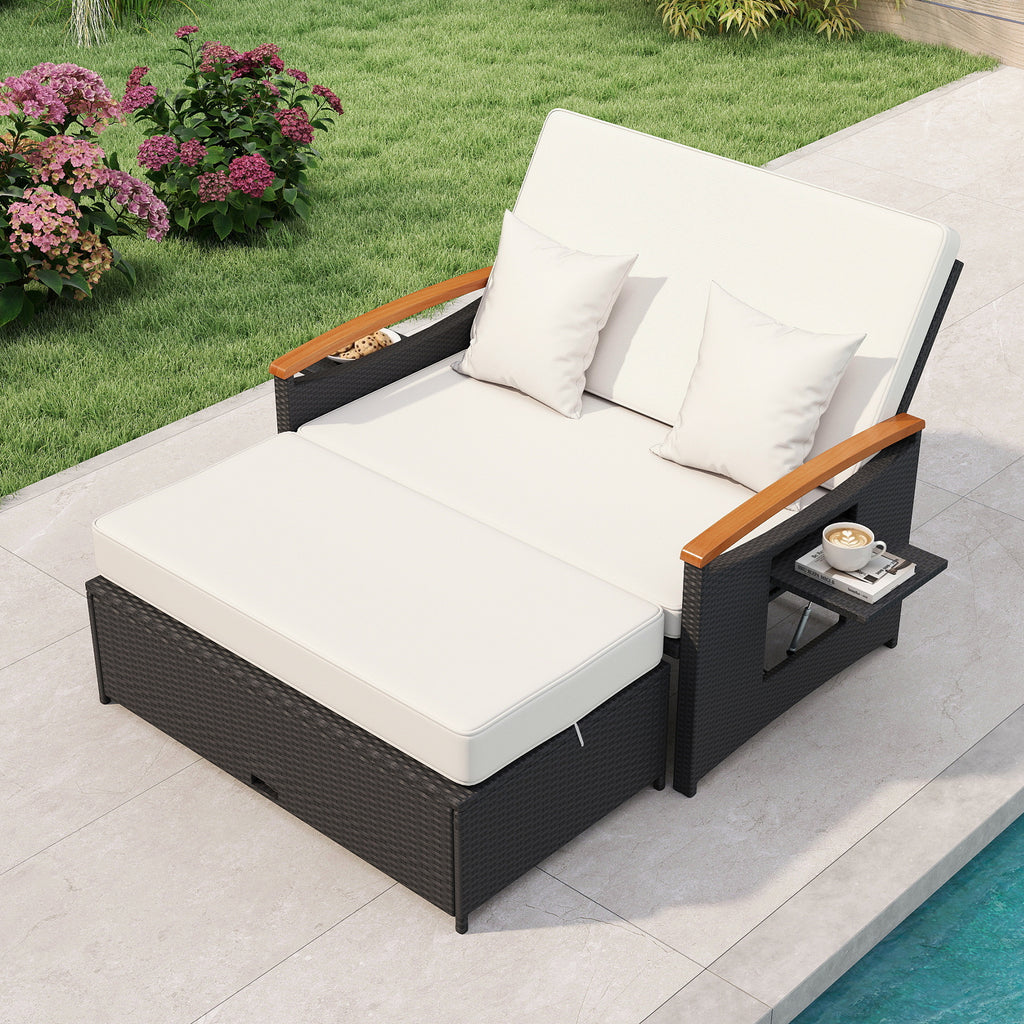 Bain de soleil en osier tressé avec panneaux pliants et pouf de rangement - Blanc