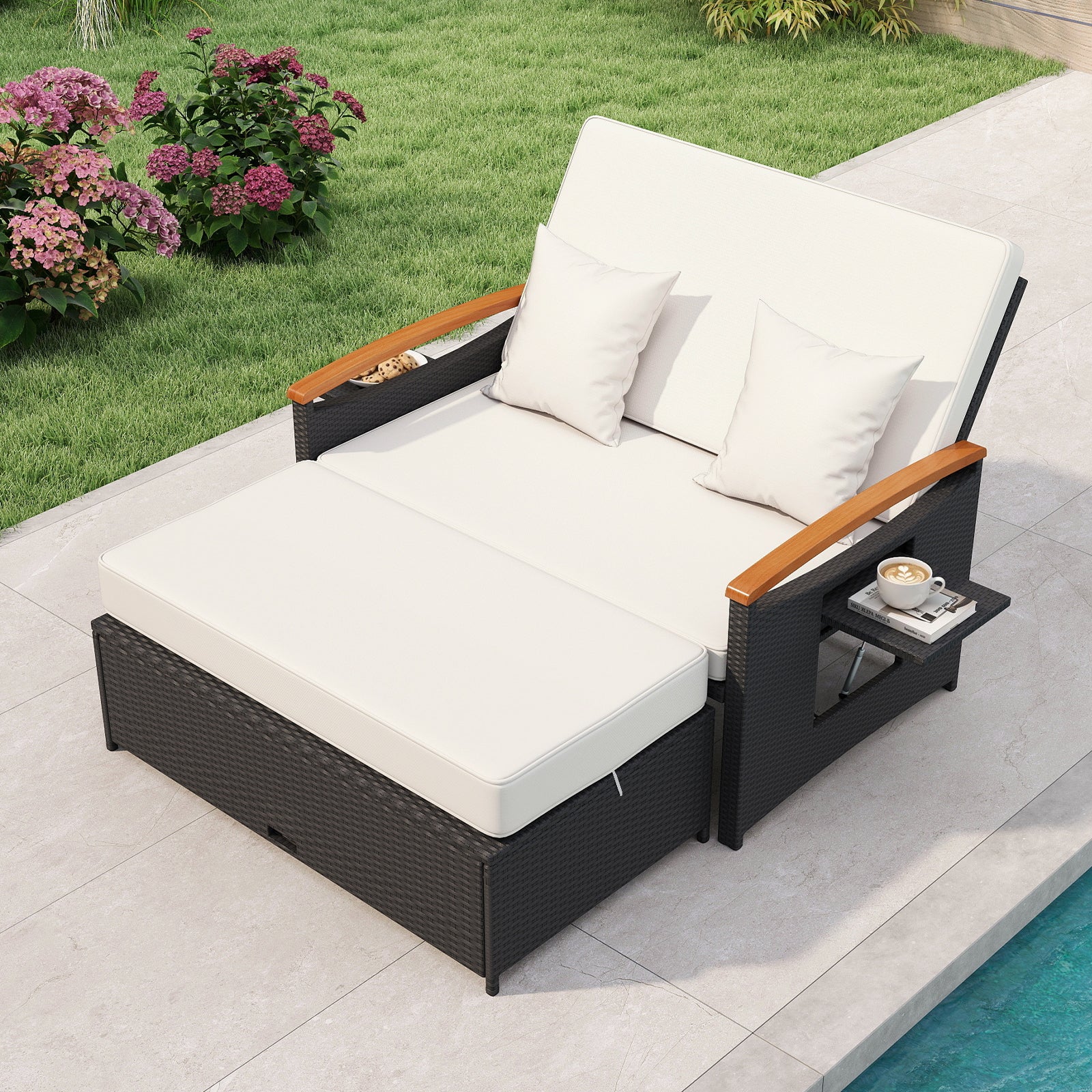Bain de soleil en osier tressé avec panneaux pliants et pouf de rangement - Blanc