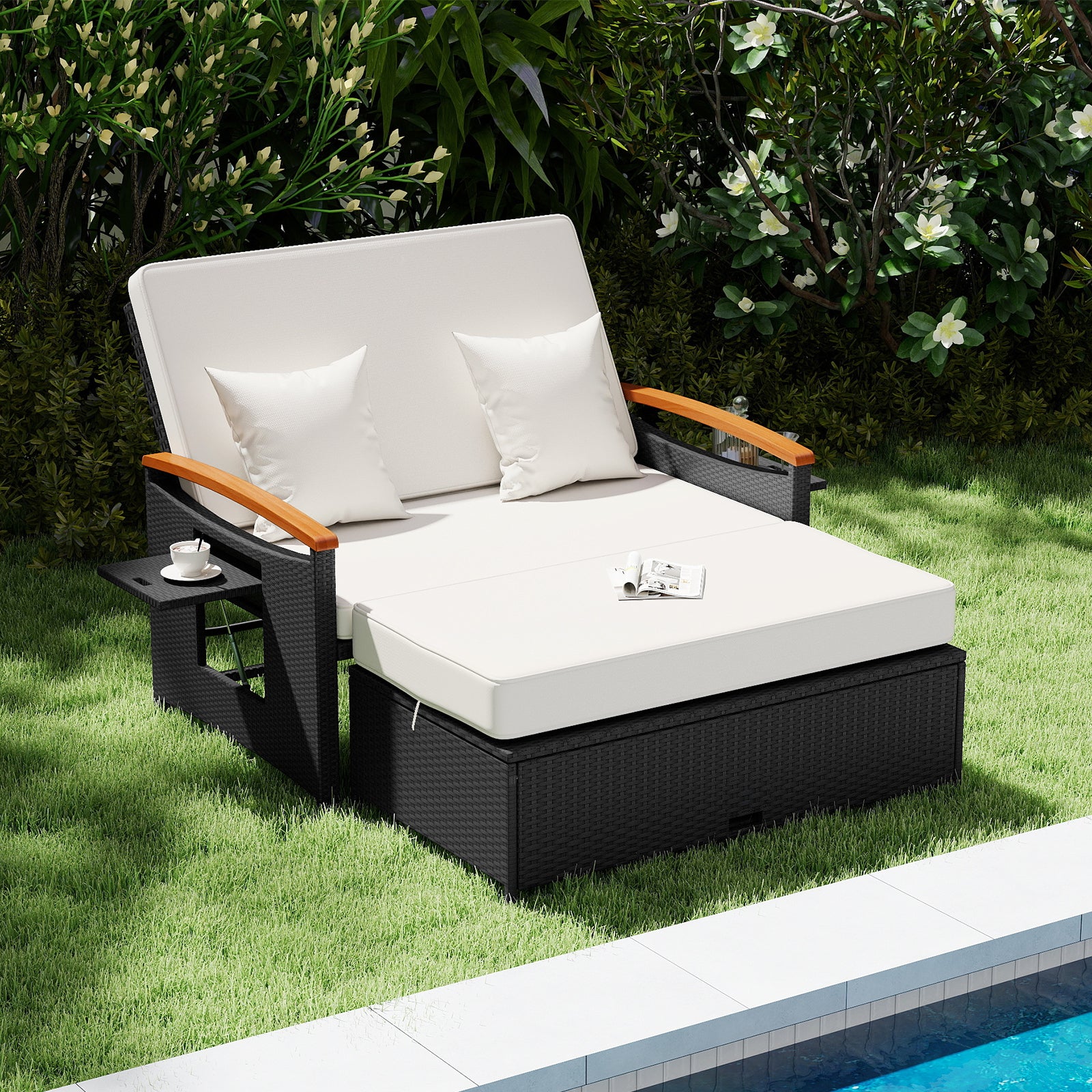 Bain de soleil en osier tressé avec panneaux pliants et pouf de rangement - Blanc