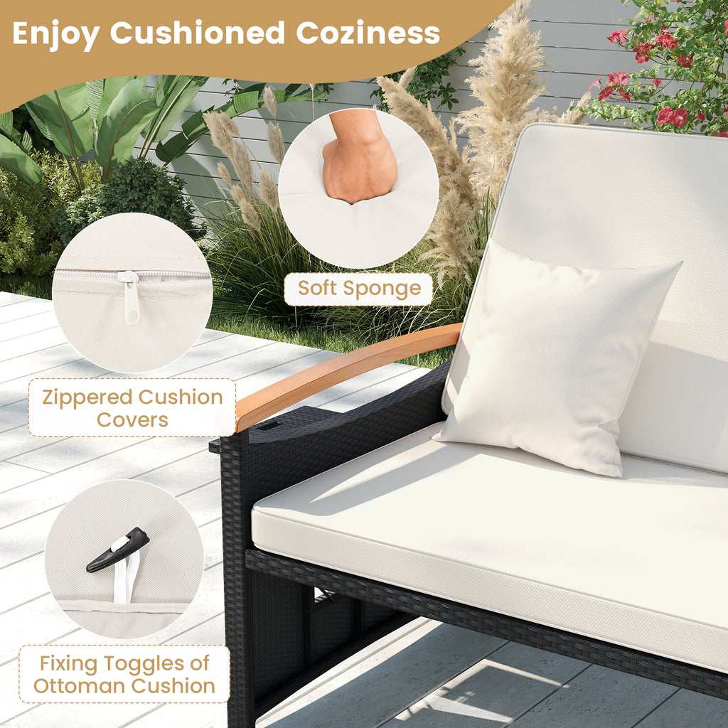 Bain de soleil en osier tressé avec panneaux pliants et pouf de rangement - Blanc