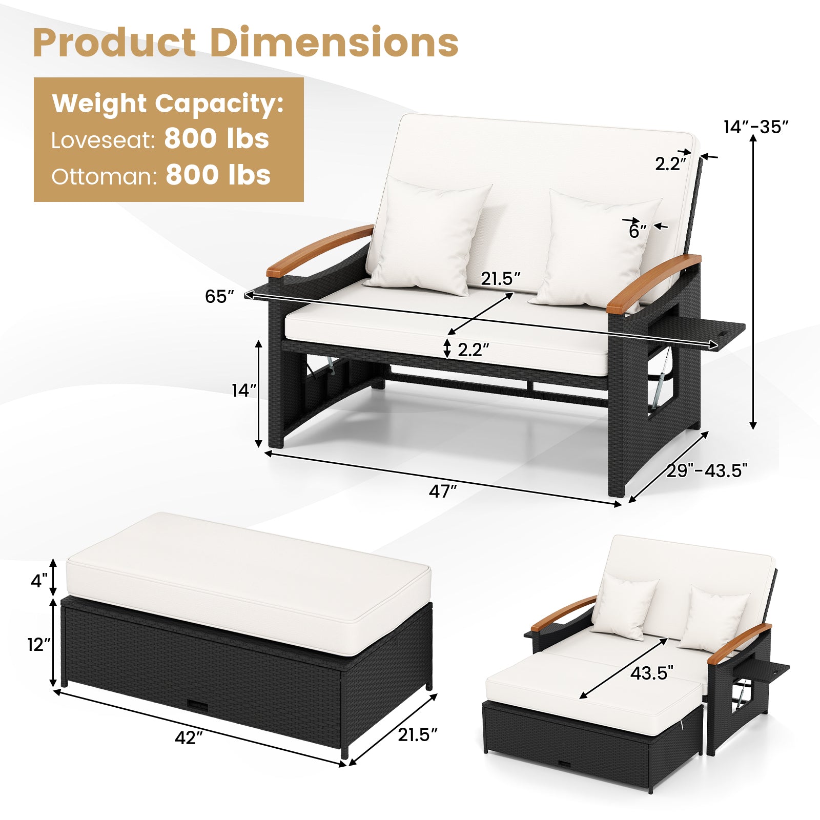 Bain de soleil en osier tressé avec panneaux pliants et pouf de rangement - Blanc