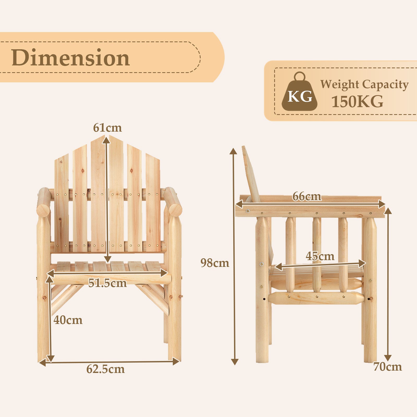 Outdoor Wood Armchair Wooden Patio Dining Chair with Armrests-Natural