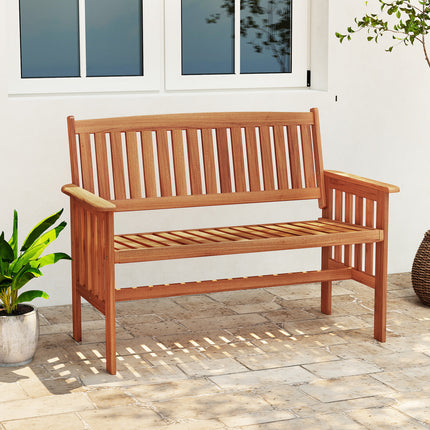 Outdoor Wood Garden Bench 2-Person Patio Park Bench with Backrest Armrests and Slatted Seat