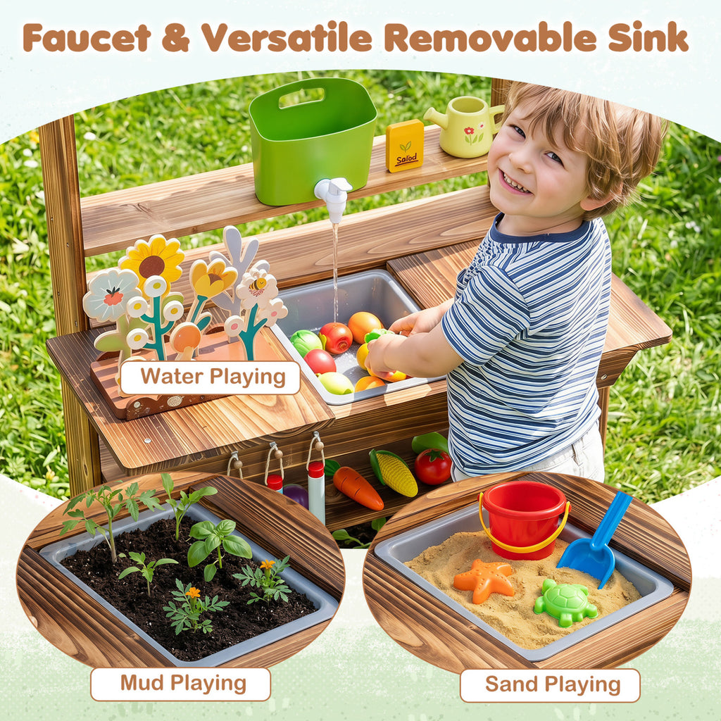 Outdoor Wood Mud Kitchen with Water Faucet and Planter for Kids Age 3+-Brown