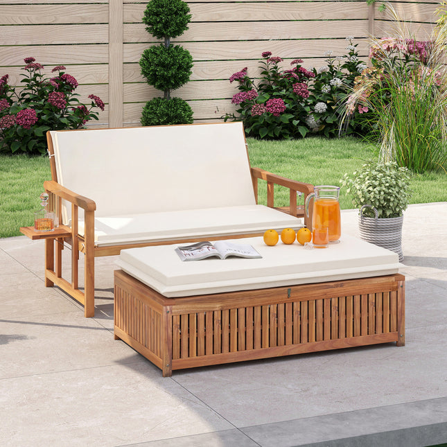 Outdoor Wooden Daybed with 4-Level Backrest and Removable Cushions-White