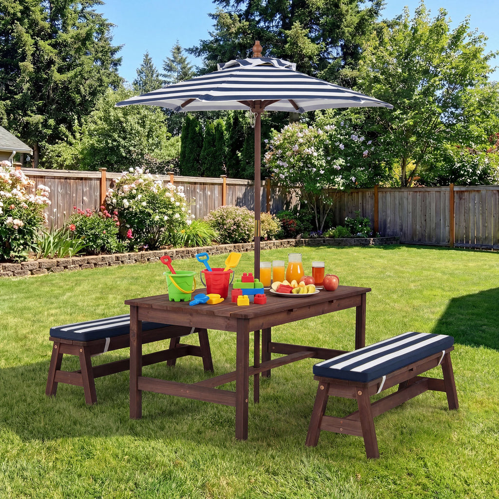 Outdoor Wooden Kids Picnic Table with Removable Umbrella and Cushions-Blue - Blue - Kids Table & Chair Sets