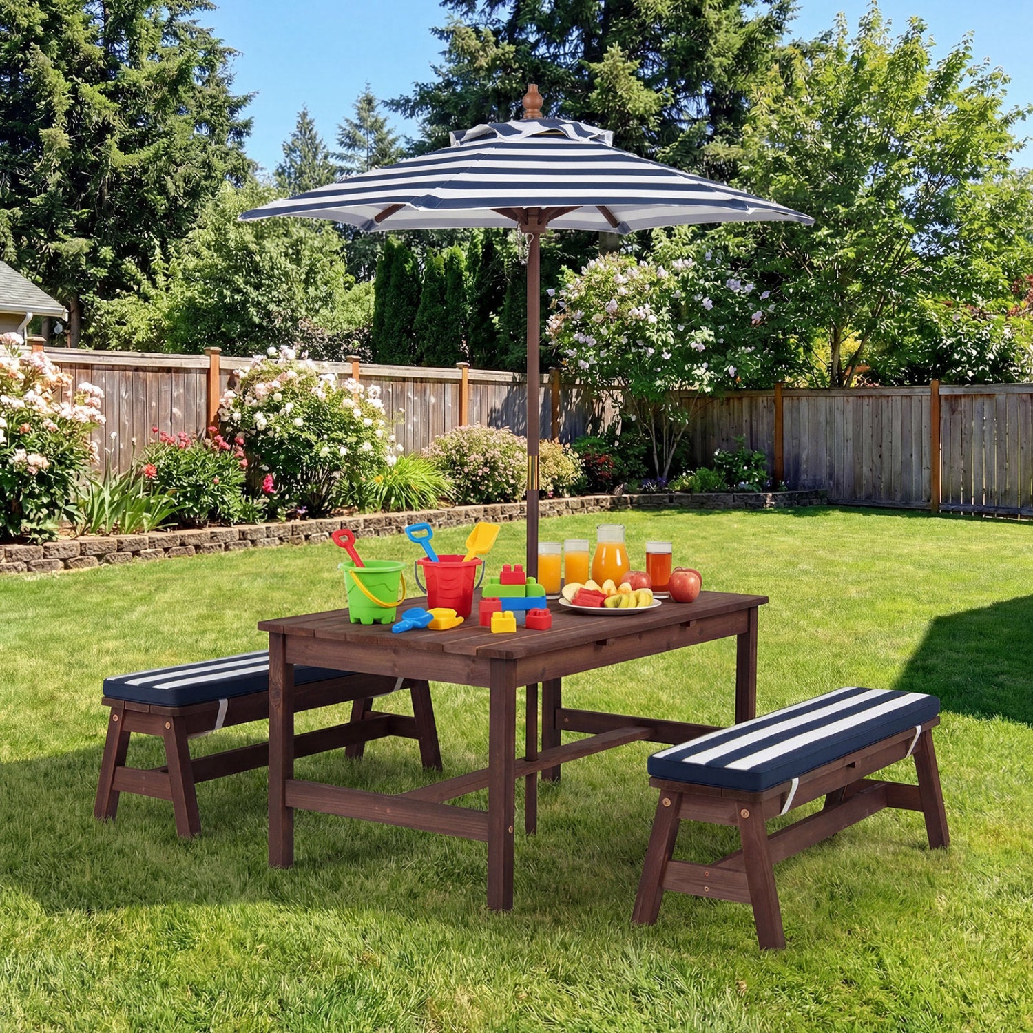 Outdoor Wooden Kids Picnic Table with Removable Umbrella and Cushions-Blue - Blue - Kids Table & Chair Sets