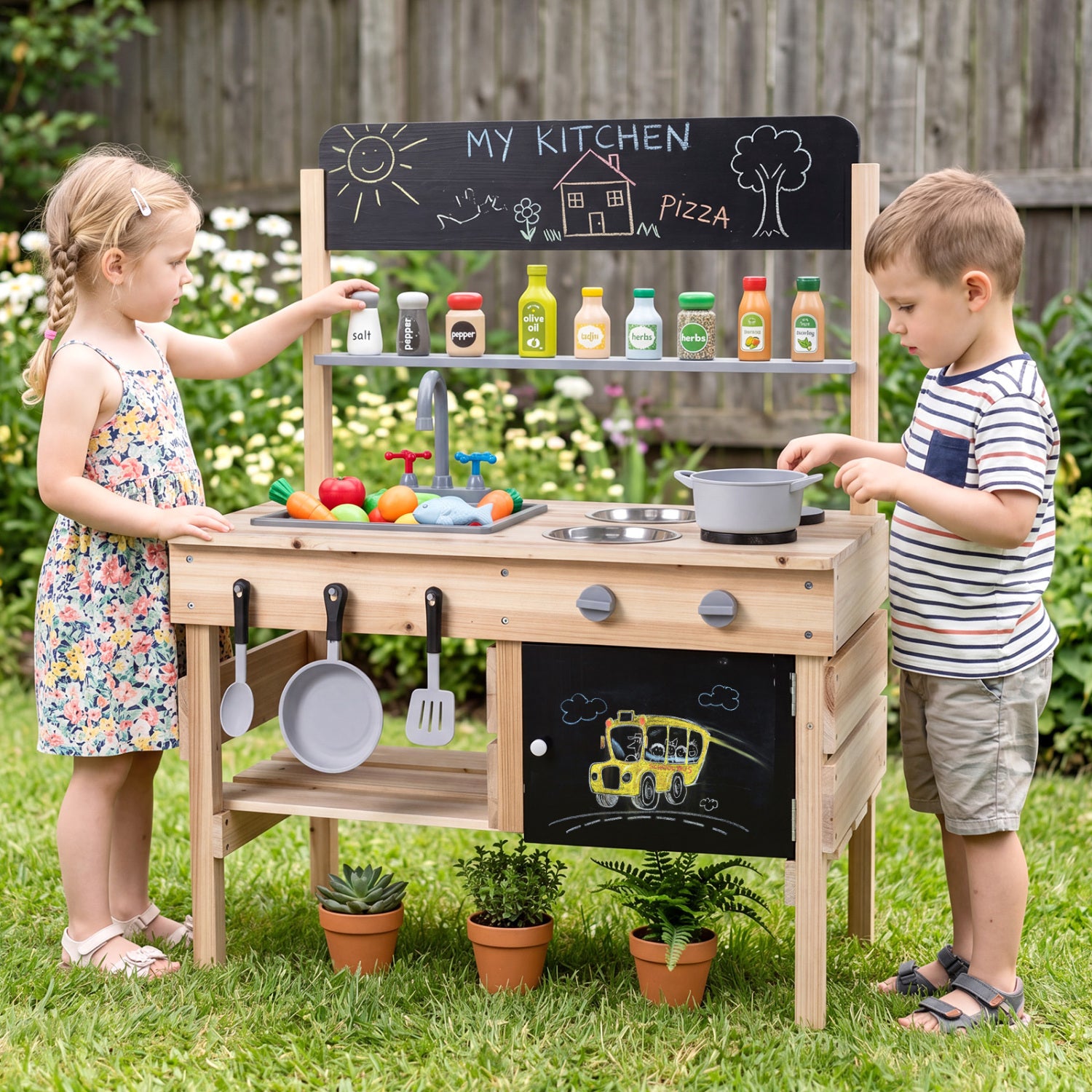 Outdoor Wooden Mud Kitchen for Kids with Sink and Stoves-Natural