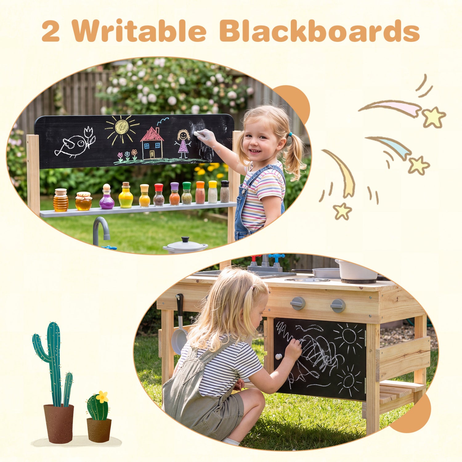 Outdoor Wooden Mud Kitchen for Kids with Sink and Stoves-Natural