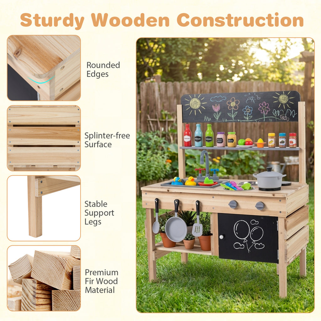 Outdoor Wooden Mud Kitchen for Kids with Sink and Stoves-Natural