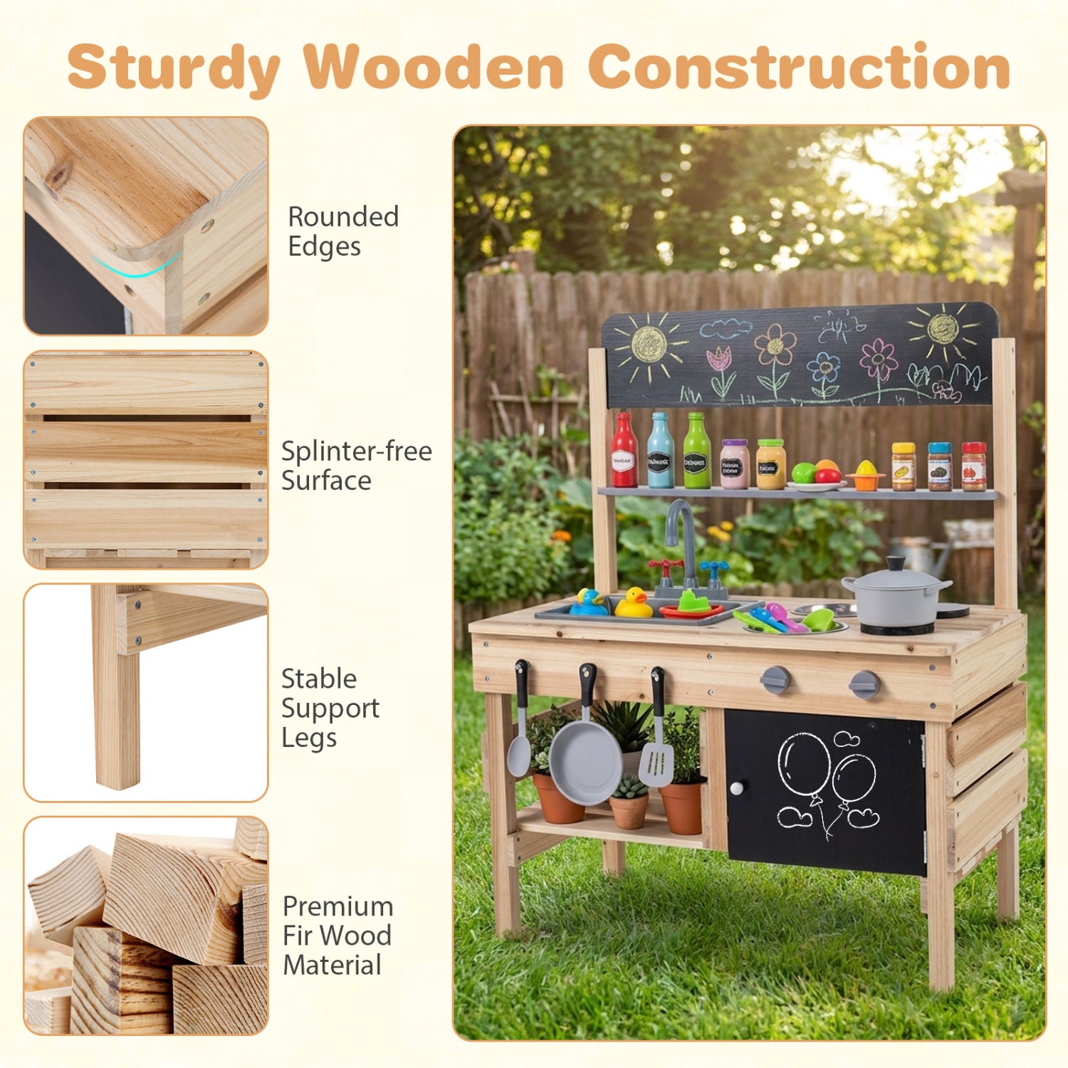 Outdoor Wooden Mud Kitchen for Kids with Sink and Stoves-Natural