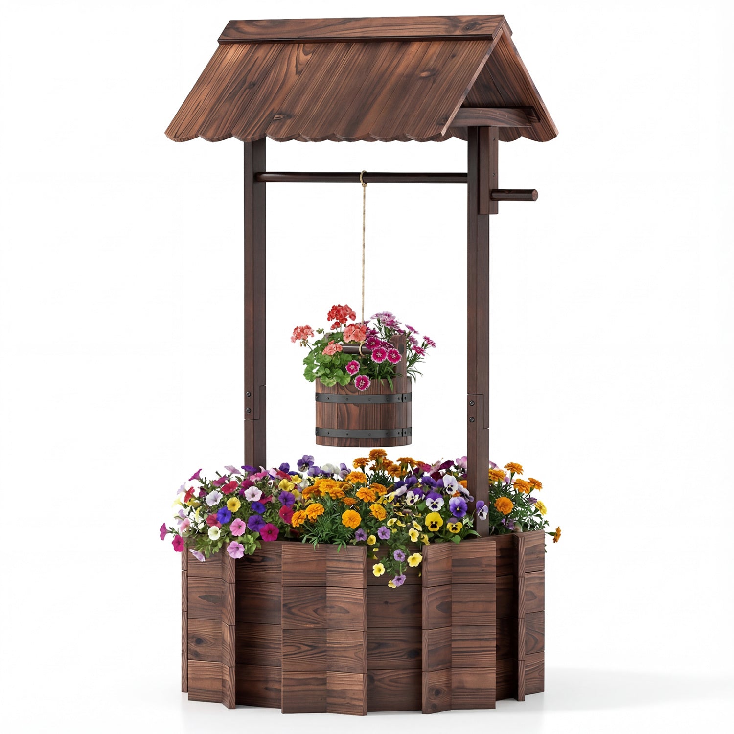Outdoor Wooden Wishing Well Planter Bucket