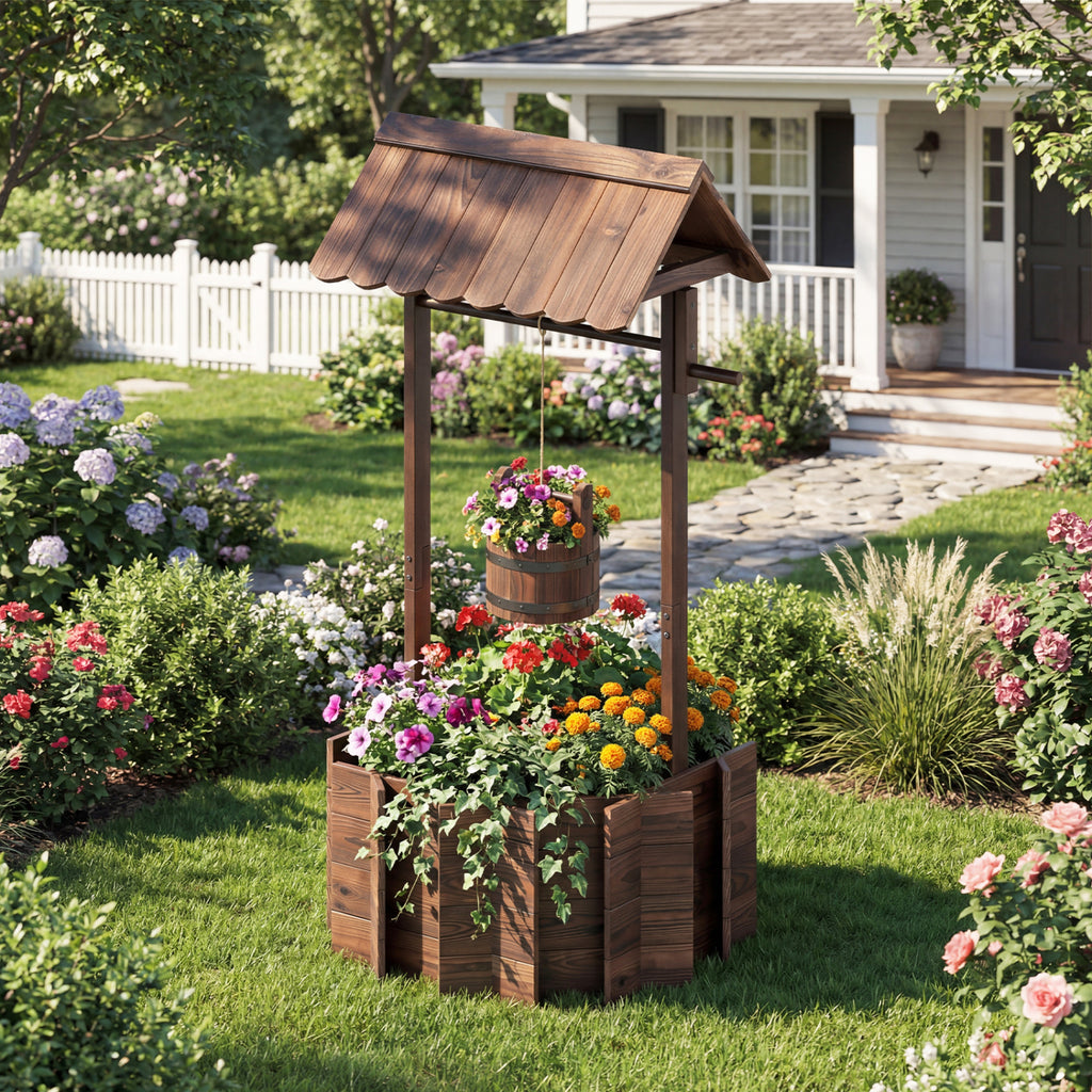 Outdoor Wooden Wishing Well Planter Bucket