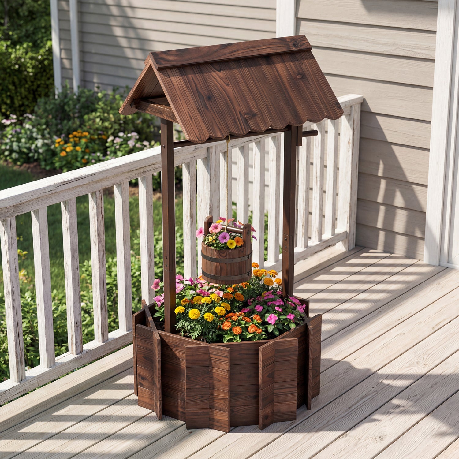 Outdoor Wooden Wishing Well Planter Bucket