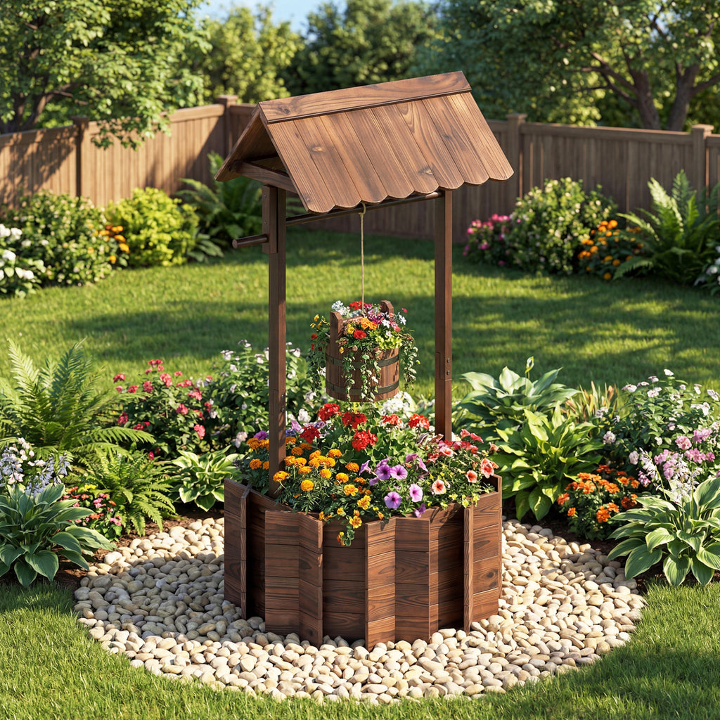 Outdoor Wooden Wishing Well Planter Bucket