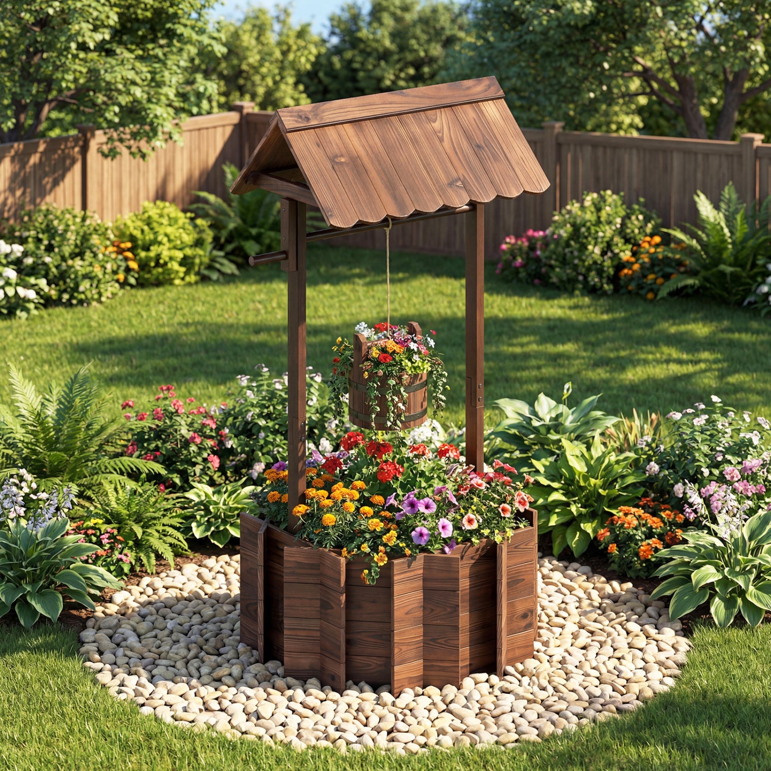 Outdoor Wooden Wishing Well Planter Bucket