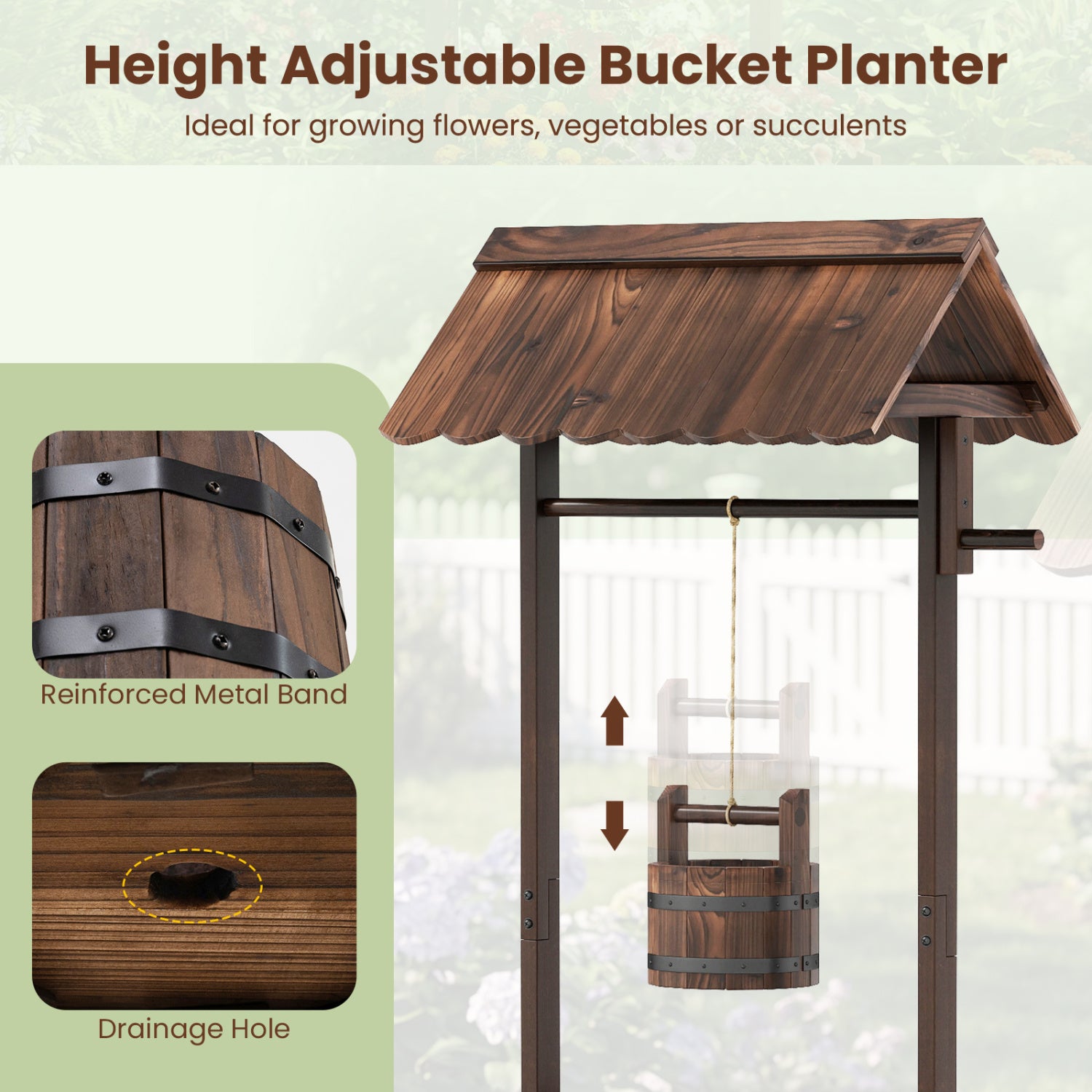 Outdoor Wooden Wishing Well Planter Bucket