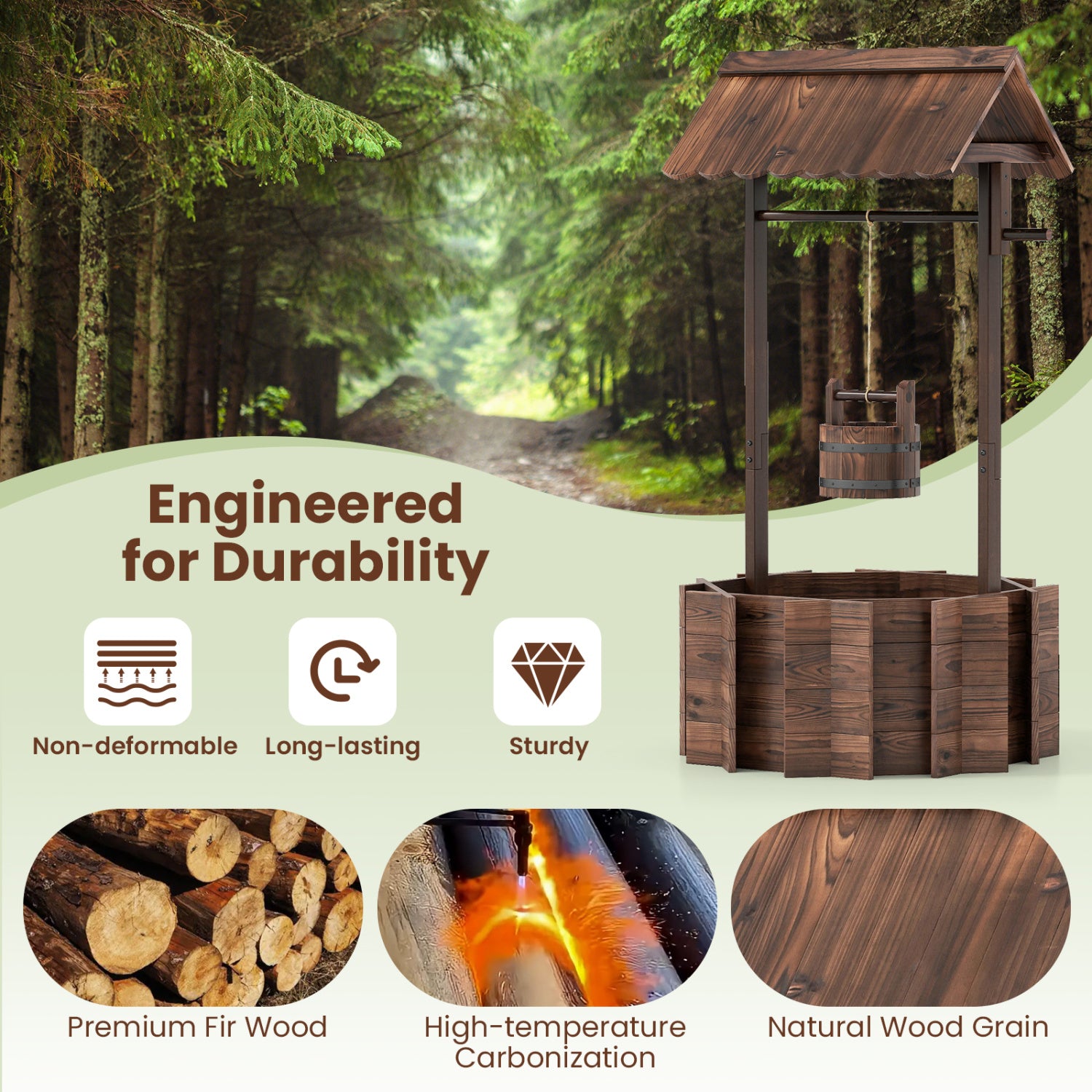 Outdoor Wooden Wishing Well Planter Bucket