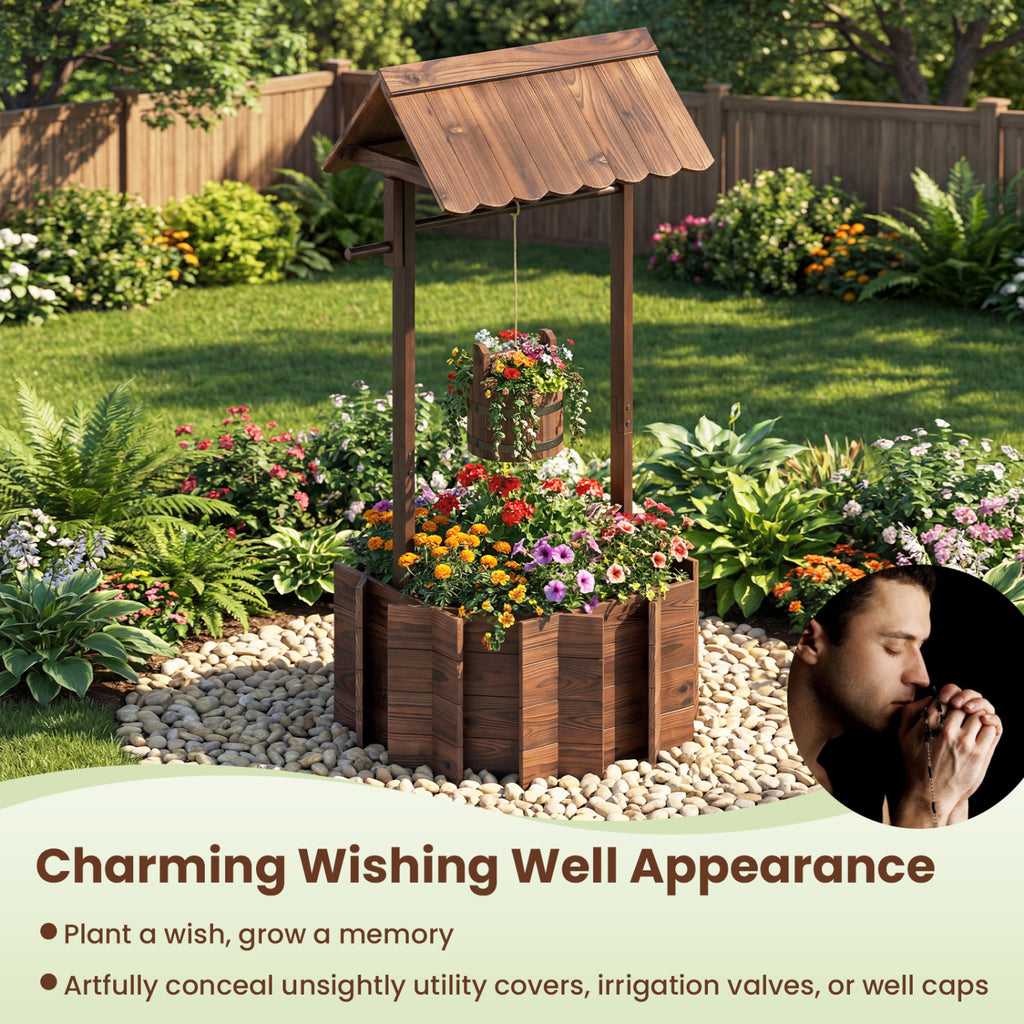 Outdoor Wooden Wishing Well Planter Bucket