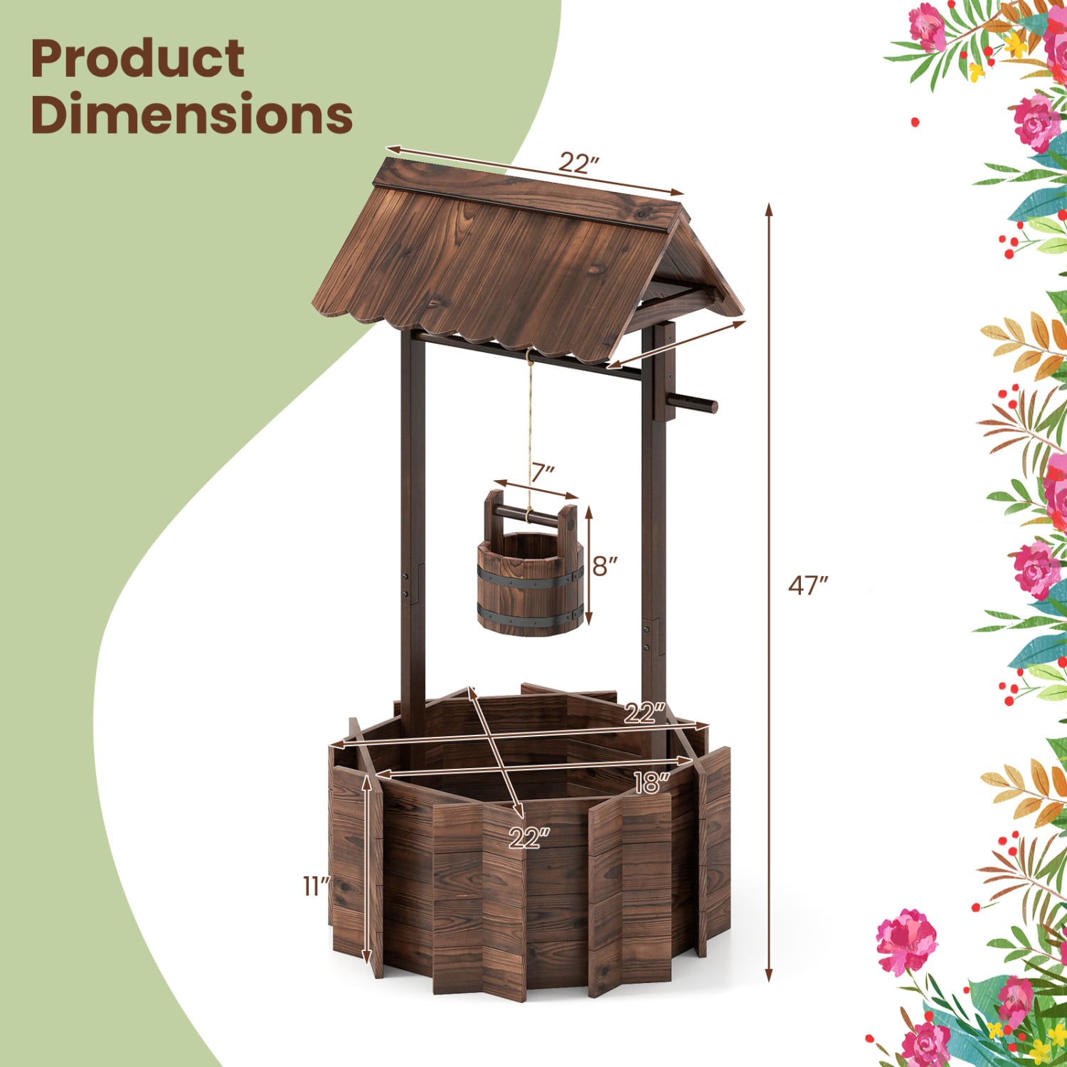 Outdoor Wooden Wishing Well Planter Bucket