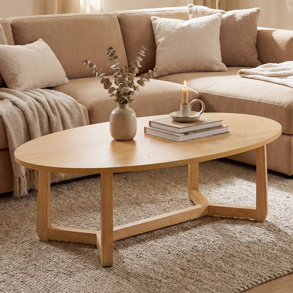 Oval Coffee Table 46 Inches Wooden Accent Table with Thickened Top-Natural