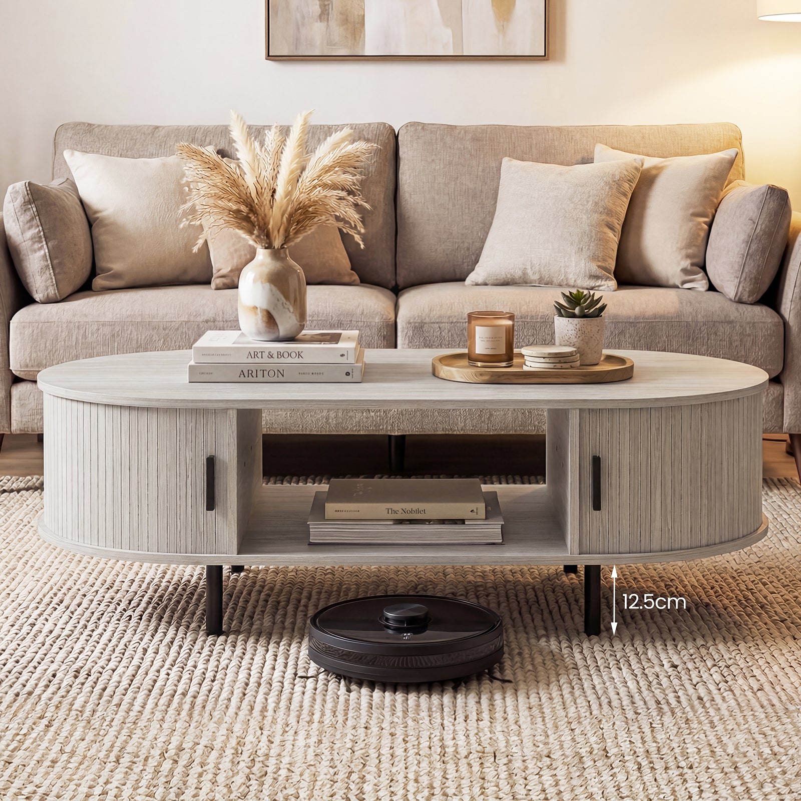 Oval Coffee Table 47.5inch Wooden Center Table with Storage-Oak
