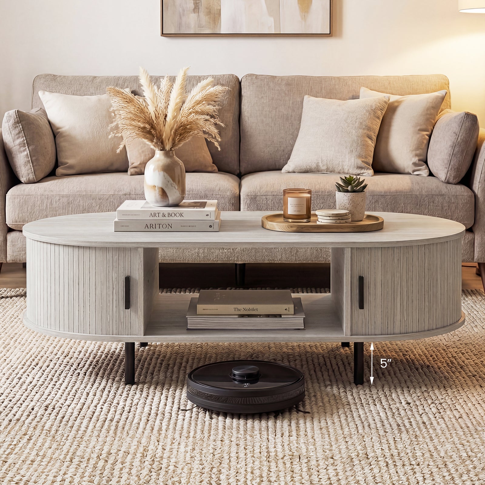 Oval Coffee Table 47.5inch Wooden Center Table with Storage-Oak