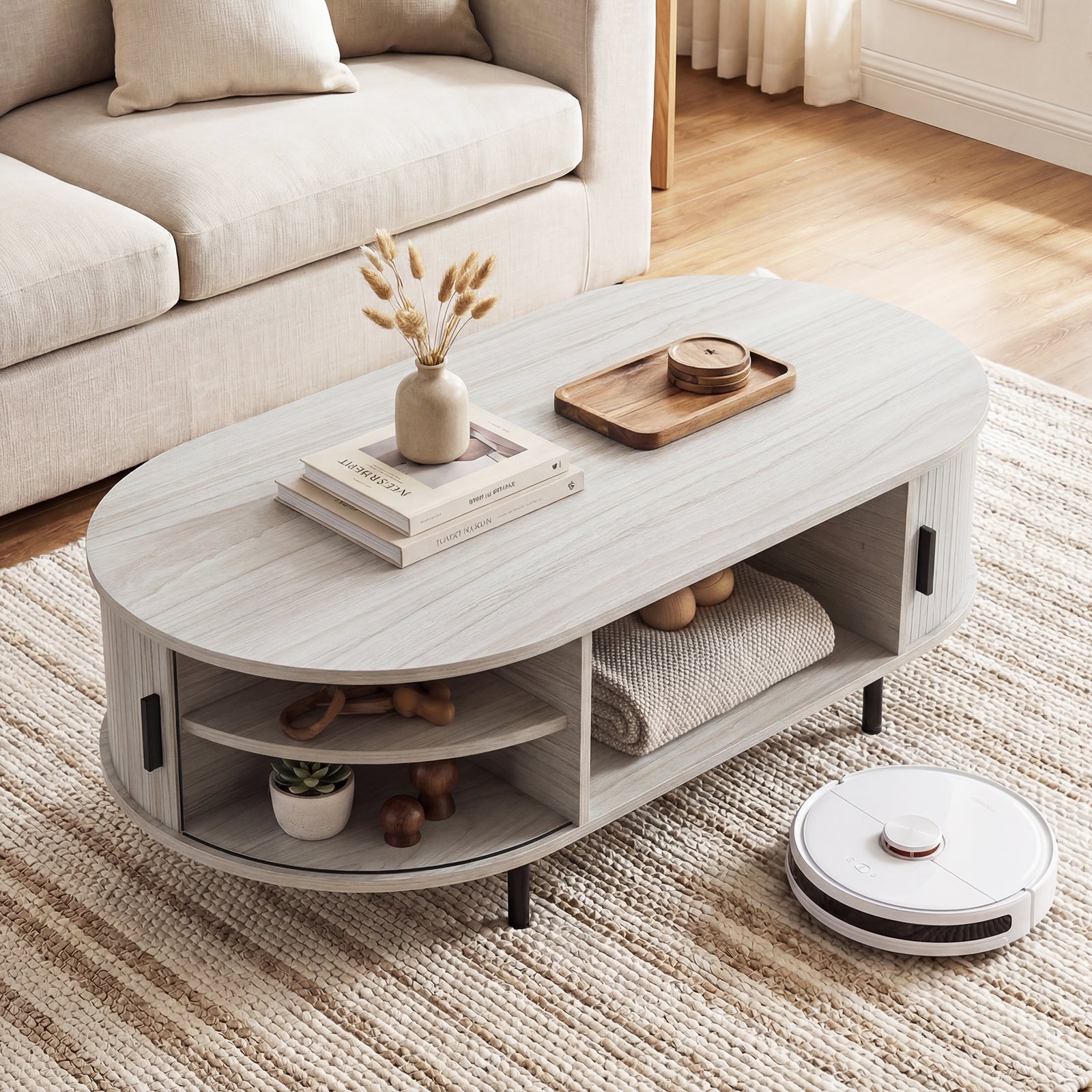Oval Coffee Table 47.5inch Wooden Center Table with Storage-Oak