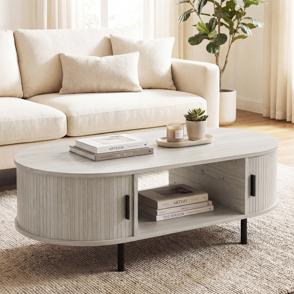 Oval Coffee Table 47.5inch Wooden Center Table with Storage-Oak