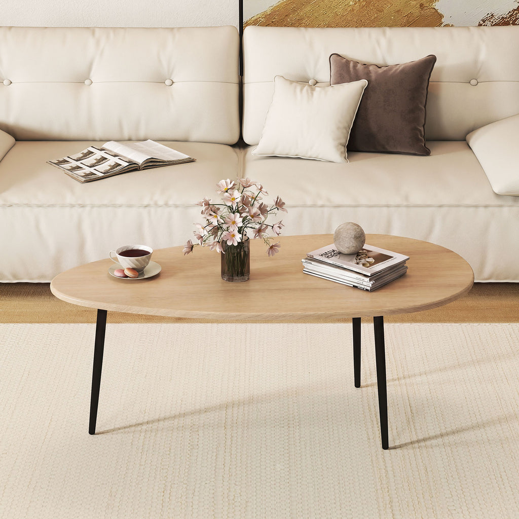 Oval Coffee Table Mid Century Center Table with Sturdy Metal Construction-Natural