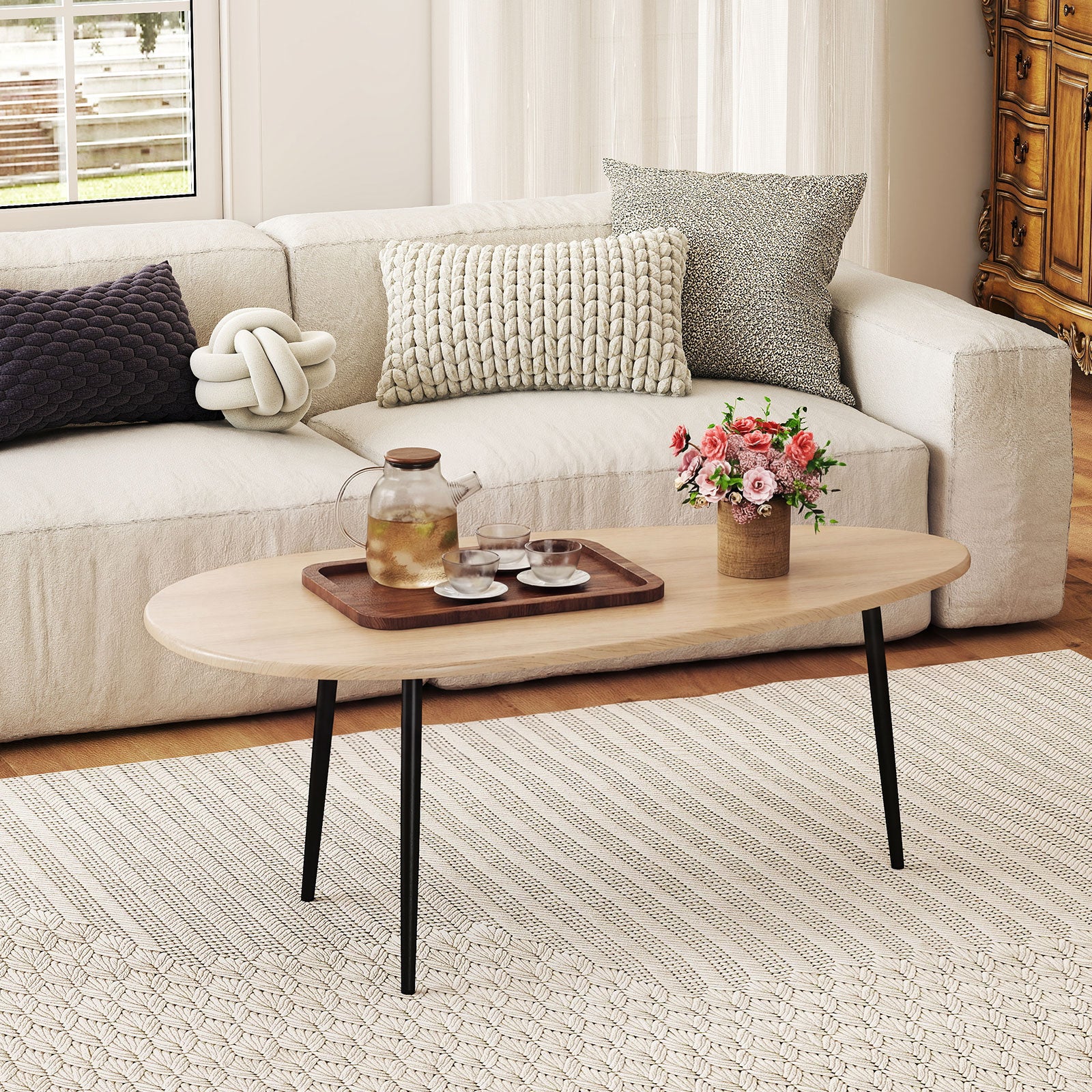 Oval Coffee Table Mid Century Center Table with Sturdy Metal Construction-Natural