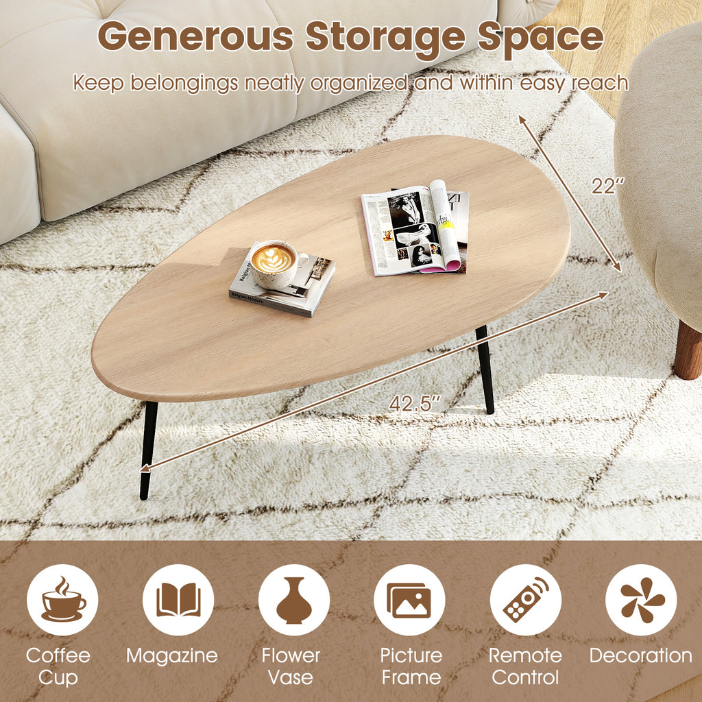 Oval Coffee Table Mid Century Center Table with Sturdy Metal Construction-Natural