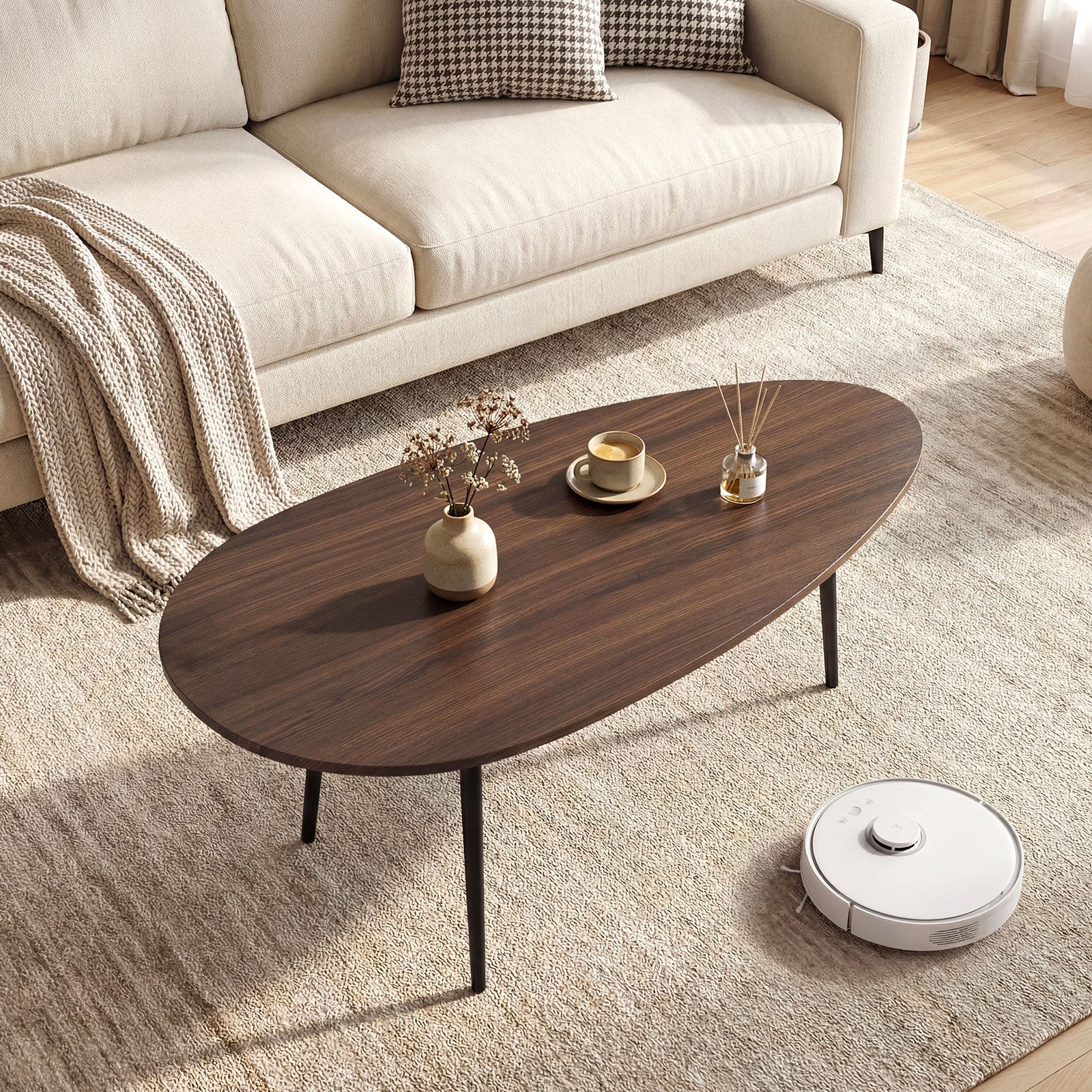 Oval Coffee Table Mid Century Center Table with Sturdy Metal Construction-Walnut