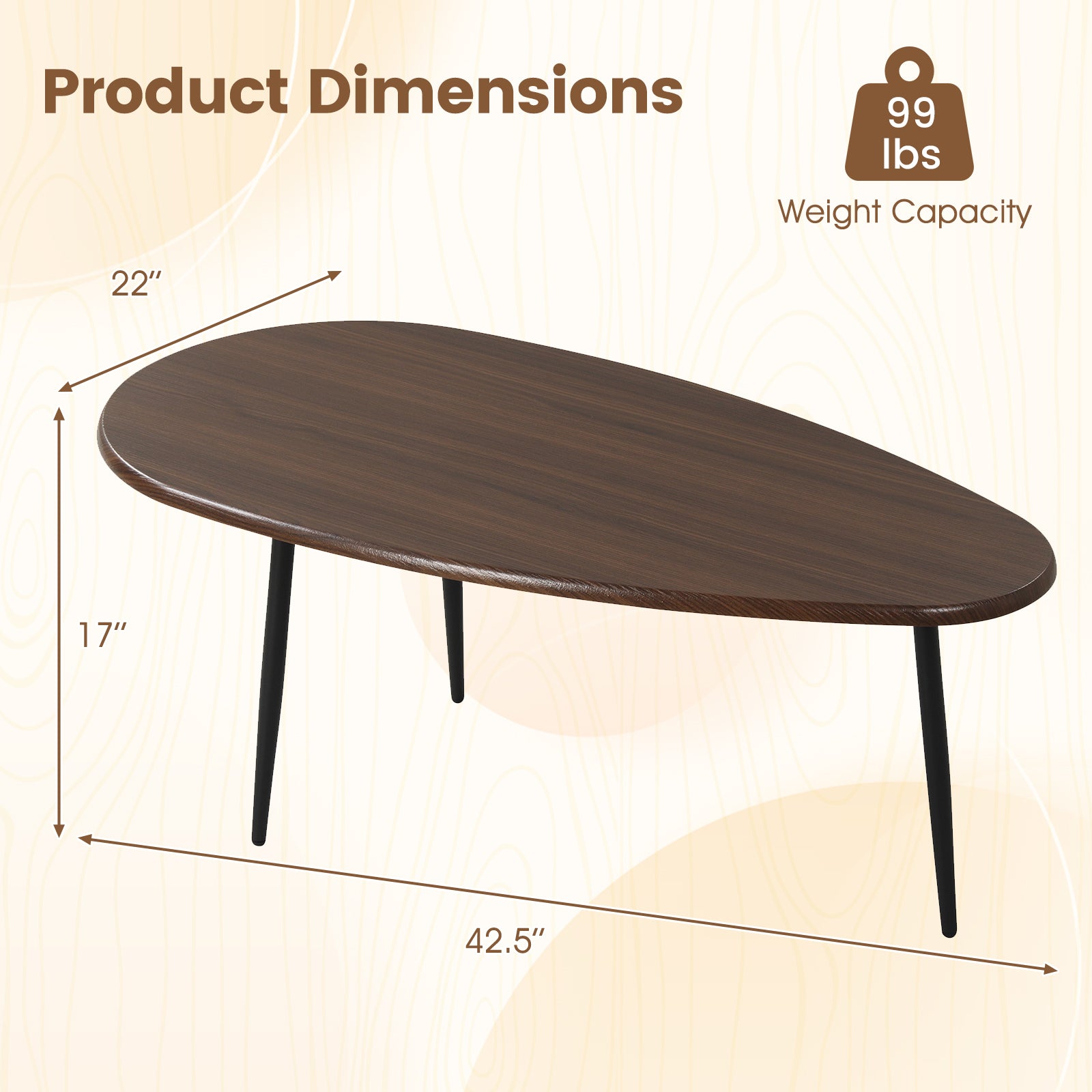 Oval Coffee Table Mid Century Center Table with Sturdy Metal Construction-Walnut