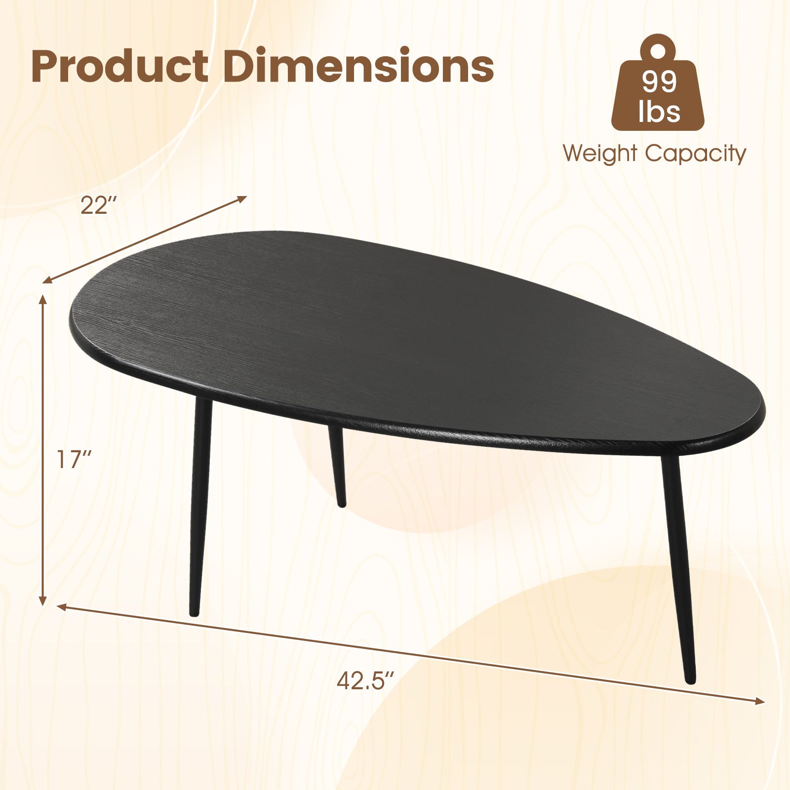 Oval Coffee Table Mid Century Center Table with Sturdy Metal Construction-Black