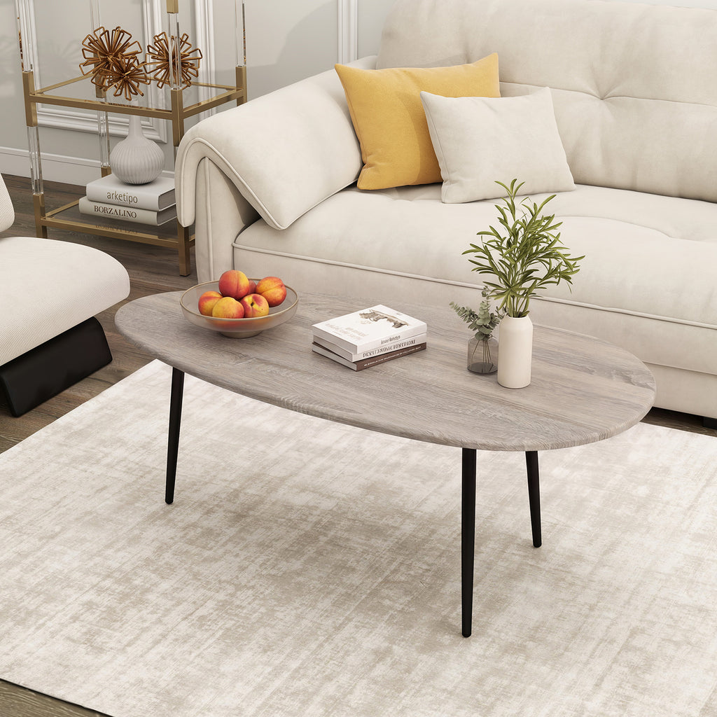 Oval Coffee Table Mid Century Center Table with Sturdy Metal Construction-Gray