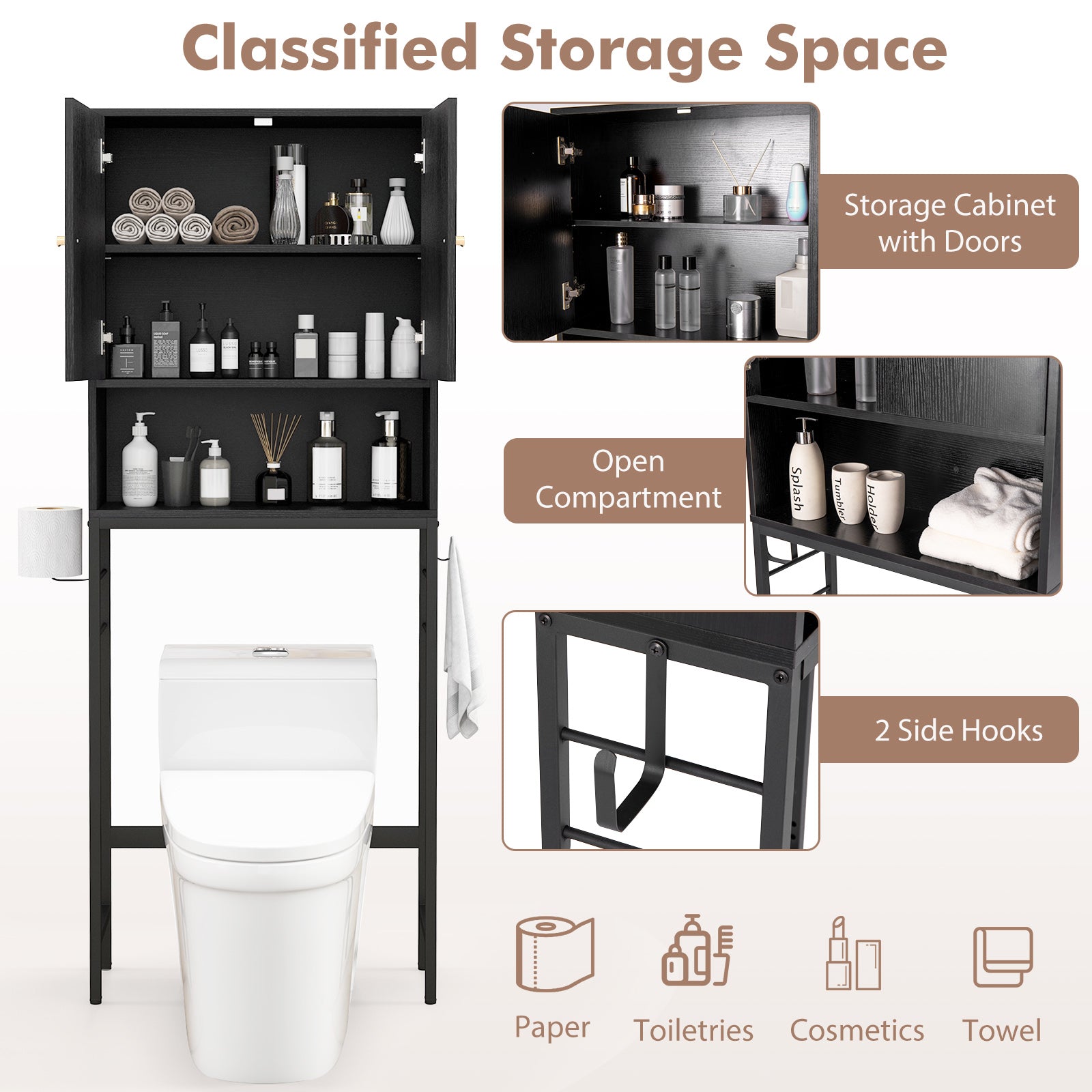 Over The Toilet Storage Cabinet with 2 Doors and Adjustable Shelf-Black