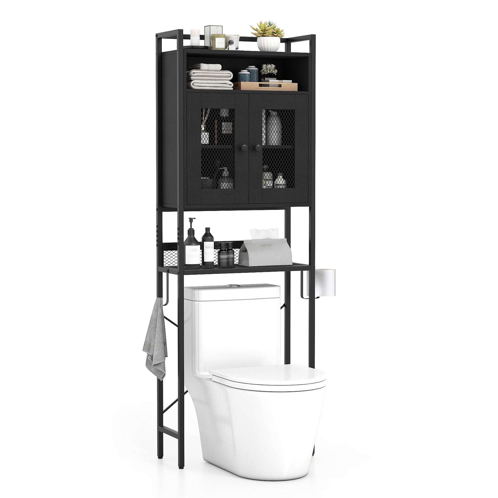 Over-The-Toilet Storage Cabinet with Heavy-Duty Metal Frame 2-door Freestanding-Black